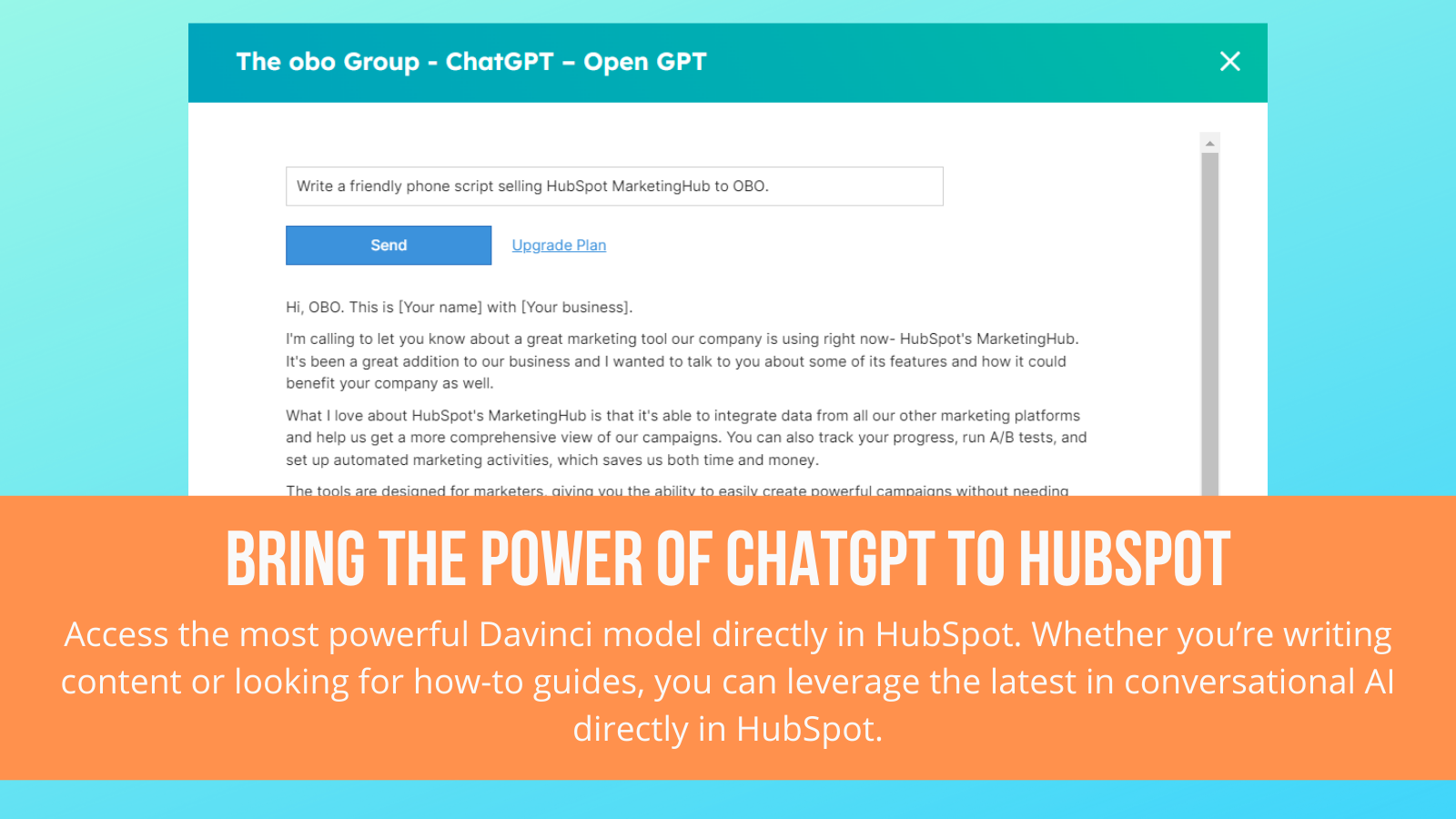 ChatGPT powered by OBO HubSpot Integration | Connect Them Today